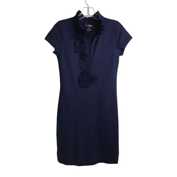 Lilly Pulitzer Dress Wmns XS Navy Blue Ruffle V-Neck Embroidered Short Sleeve - Picture 1 of 10